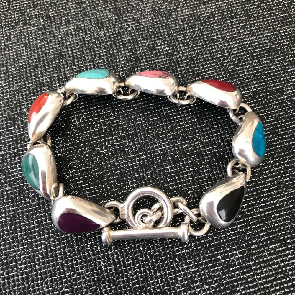 Semi-Precious Stone & Taxco 925 Silver Bracelet 34 grams